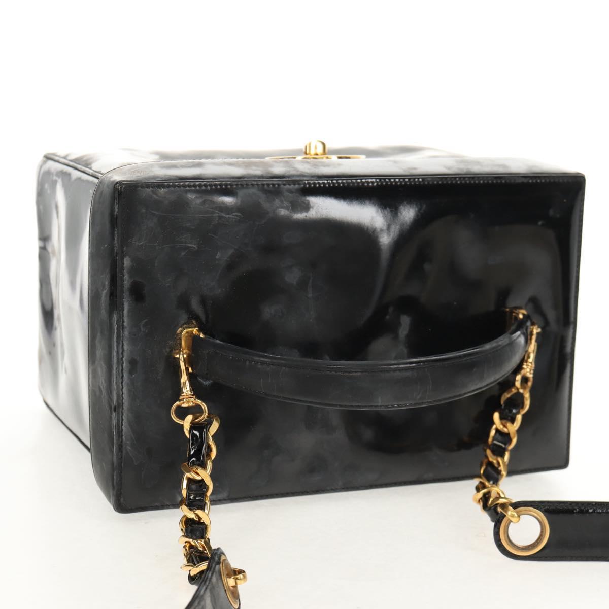 CHANEL Vanity Hand Bag Patent leather 2way Black Gold CC Auth 157791