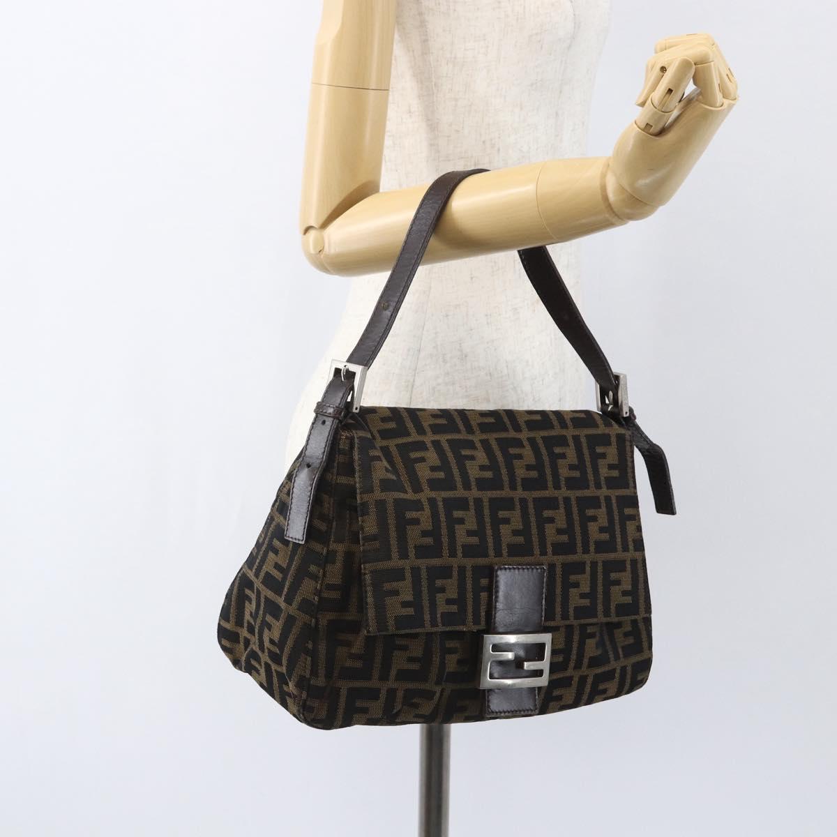FENDI Zucca Canvas Mamma Baguette Shoulder Bag Black Brown Auth 157797