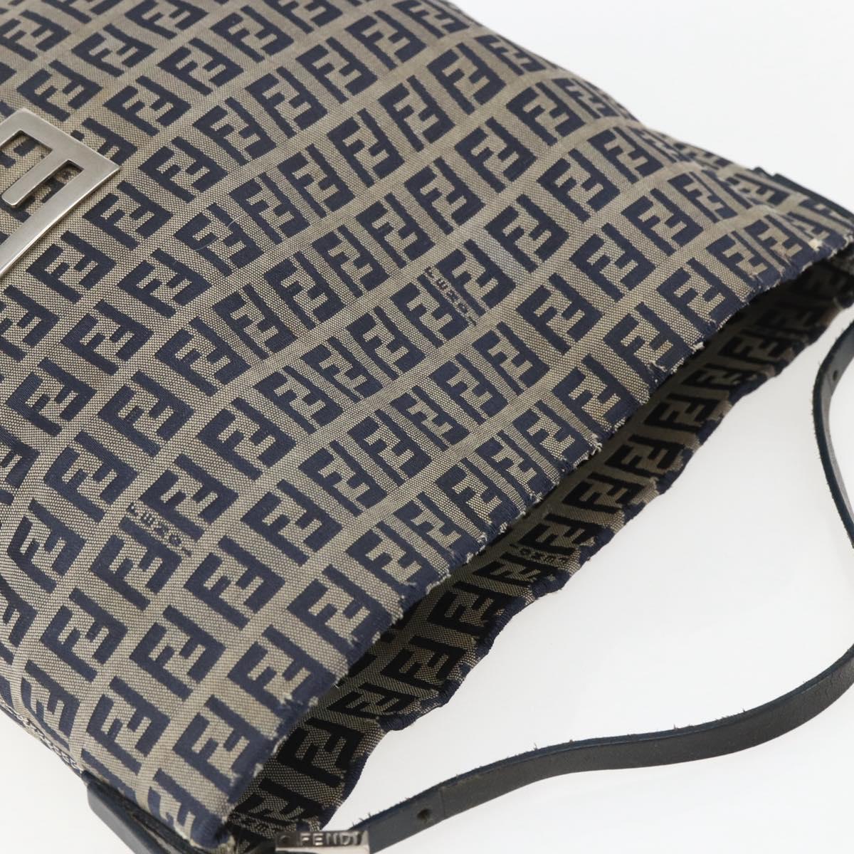 FENDI Zucchino Canvas Shoulder Bag Navy Silver Auth 157799