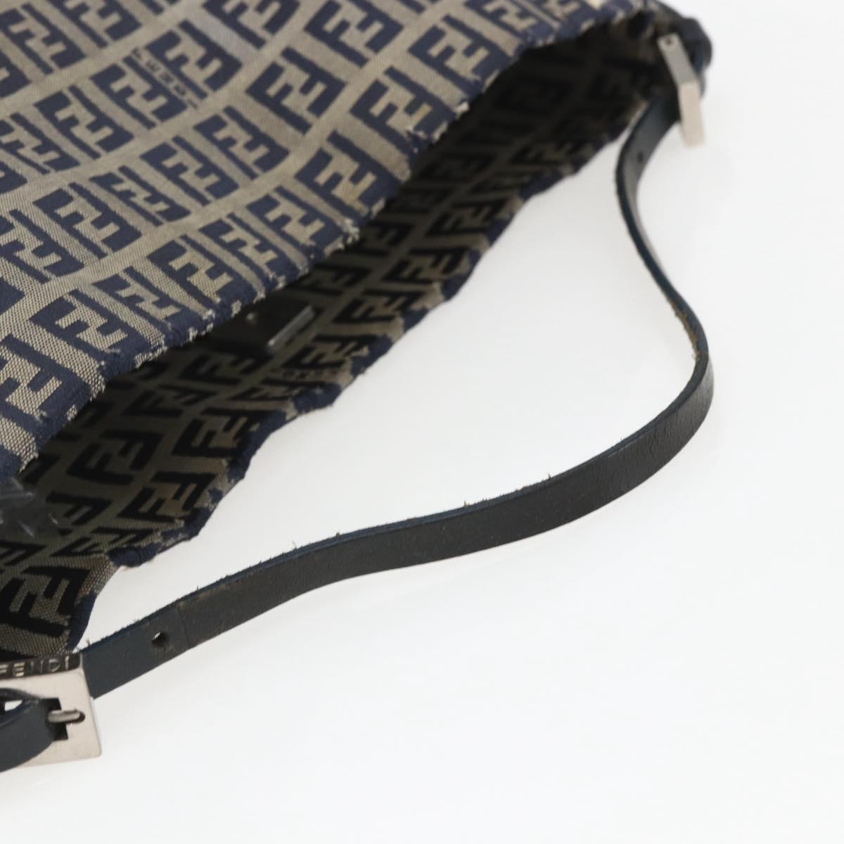 FENDI Zucchino Canvas Shoulder Bag Navy Silver Auth 157799
