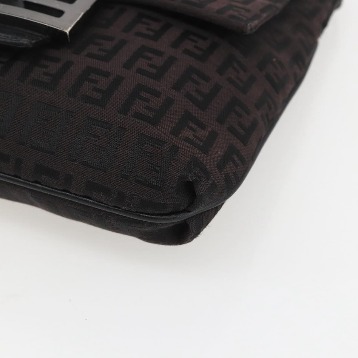 FENDI Zucchino Canvas Shoulder Bag Brown Silver Auth 157800