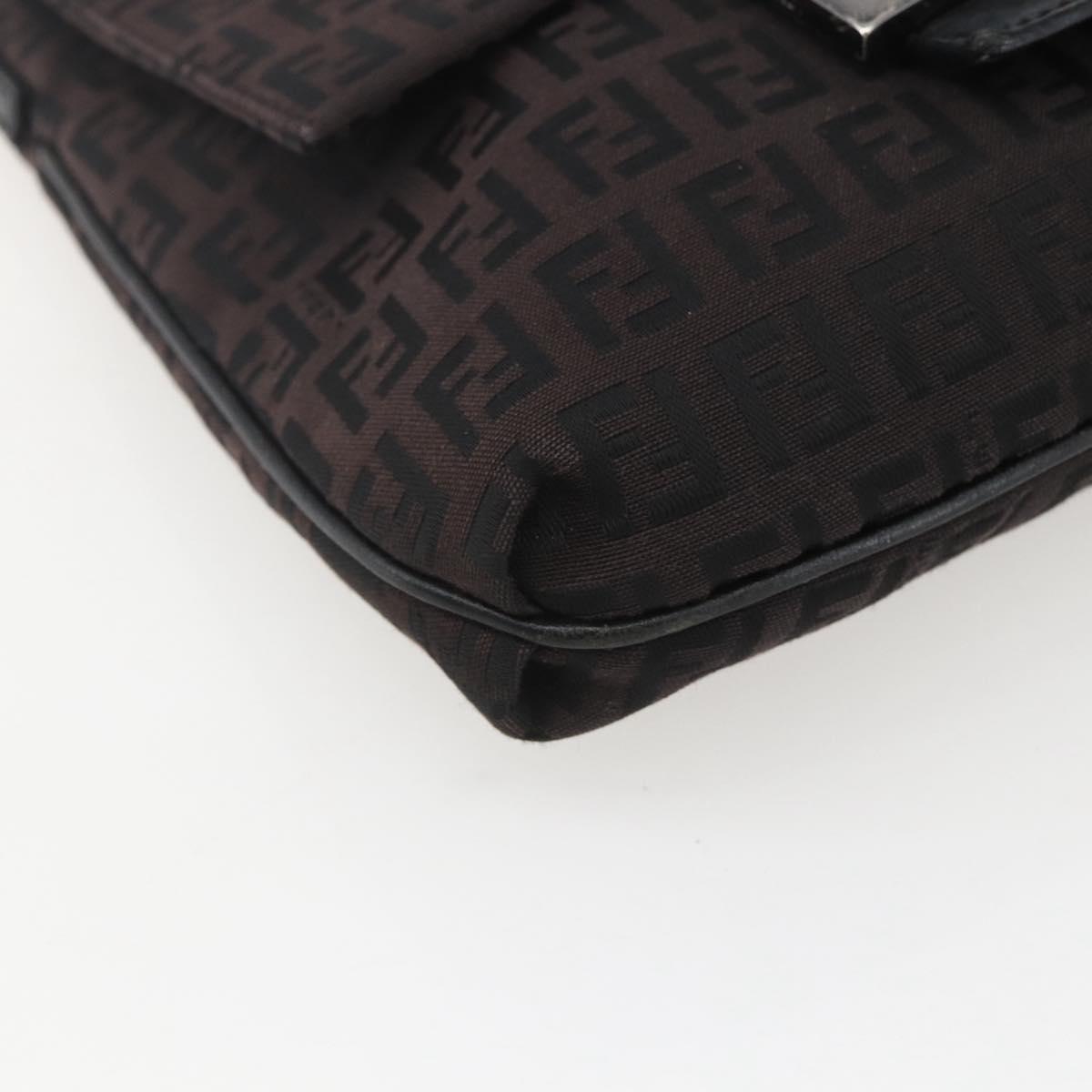 FENDI Zucchino Canvas Shoulder Bag Brown Silver Auth 157800