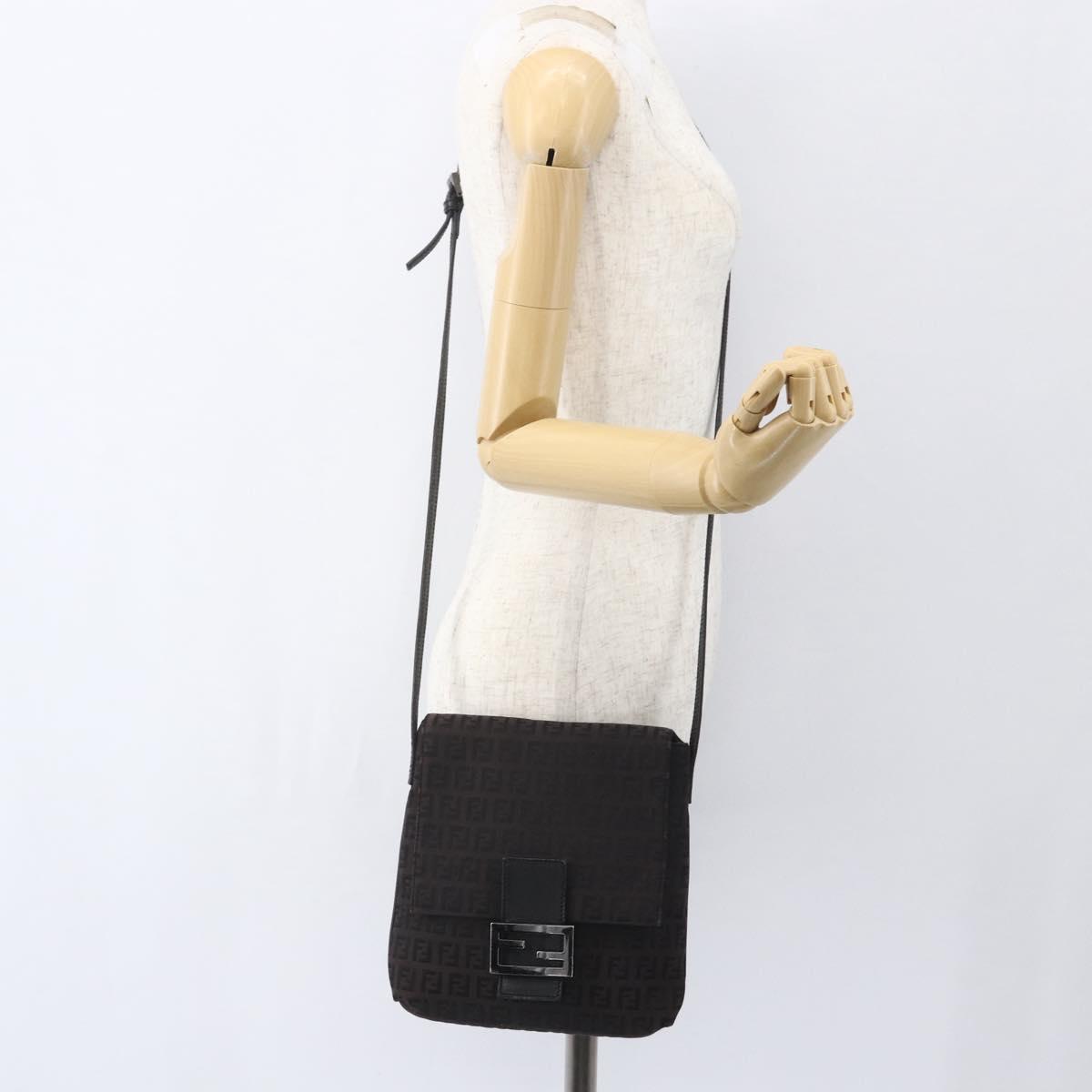 FENDI Zucchino Canvas Shoulder Bag Brown Silver Auth 157800