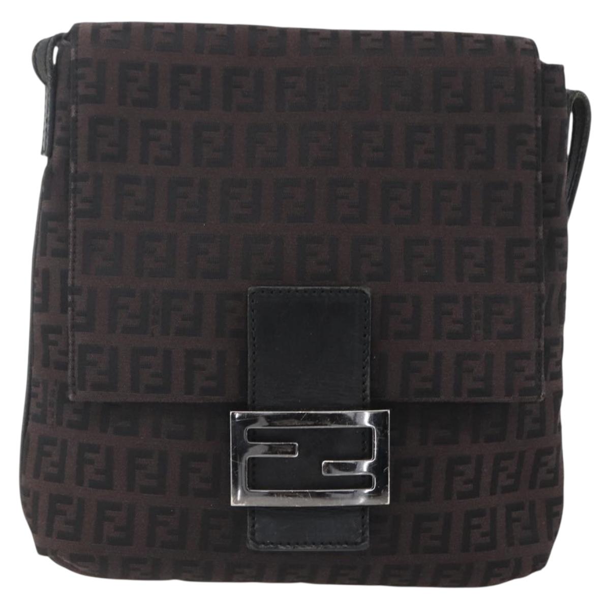 FENDI Zucchino Canvas Shoulder Bag Brown Silver Auth 157800