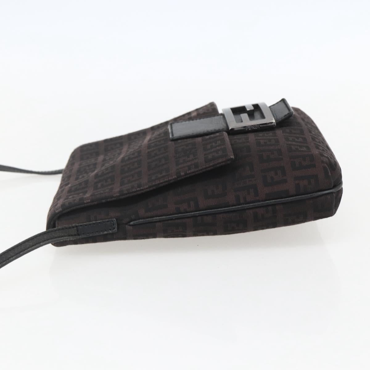 FENDI Zucchino Canvas Shoulder Bag Brown Silver Auth 157800