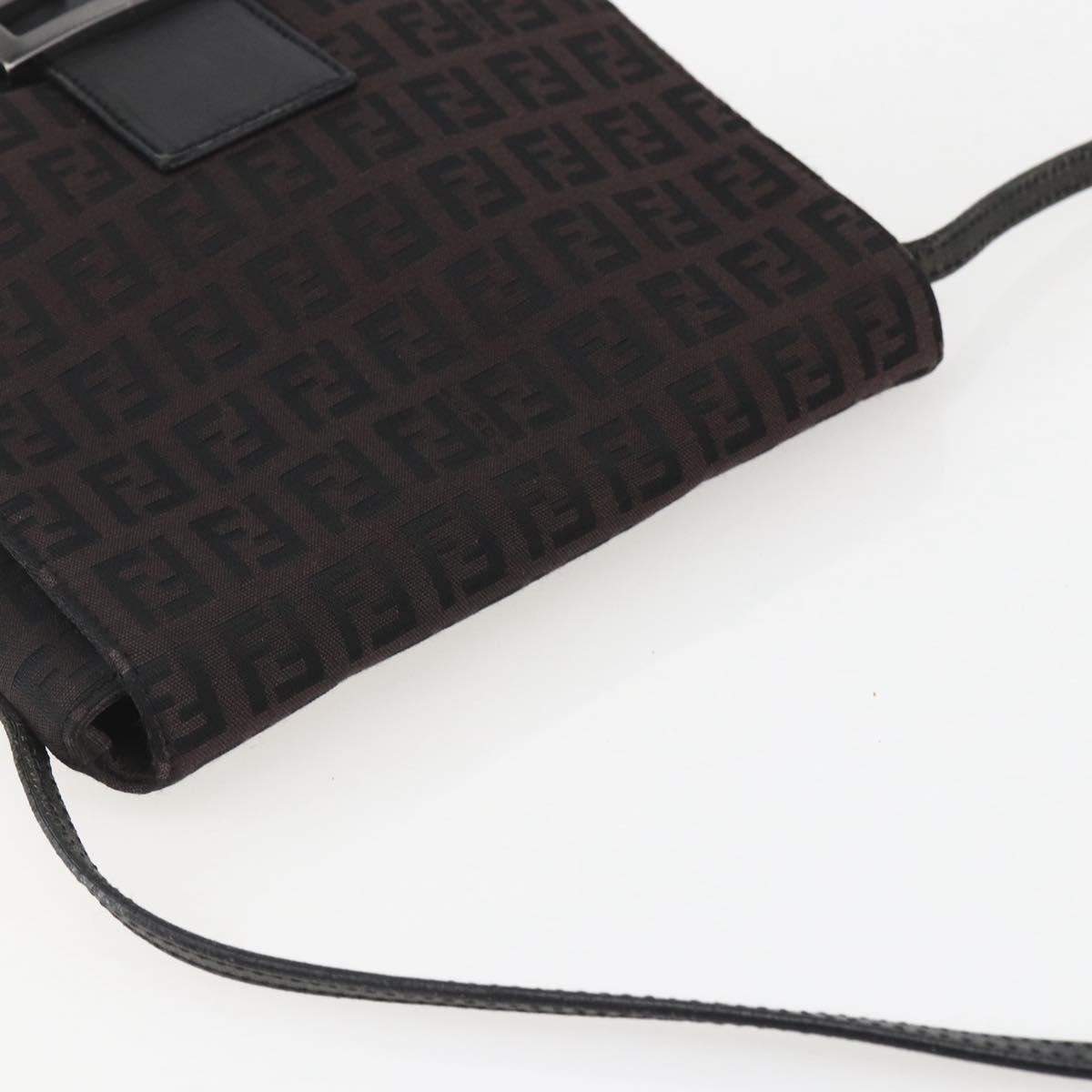 FENDI Zucchino Canvas Shoulder Bag Brown Silver Auth 157800