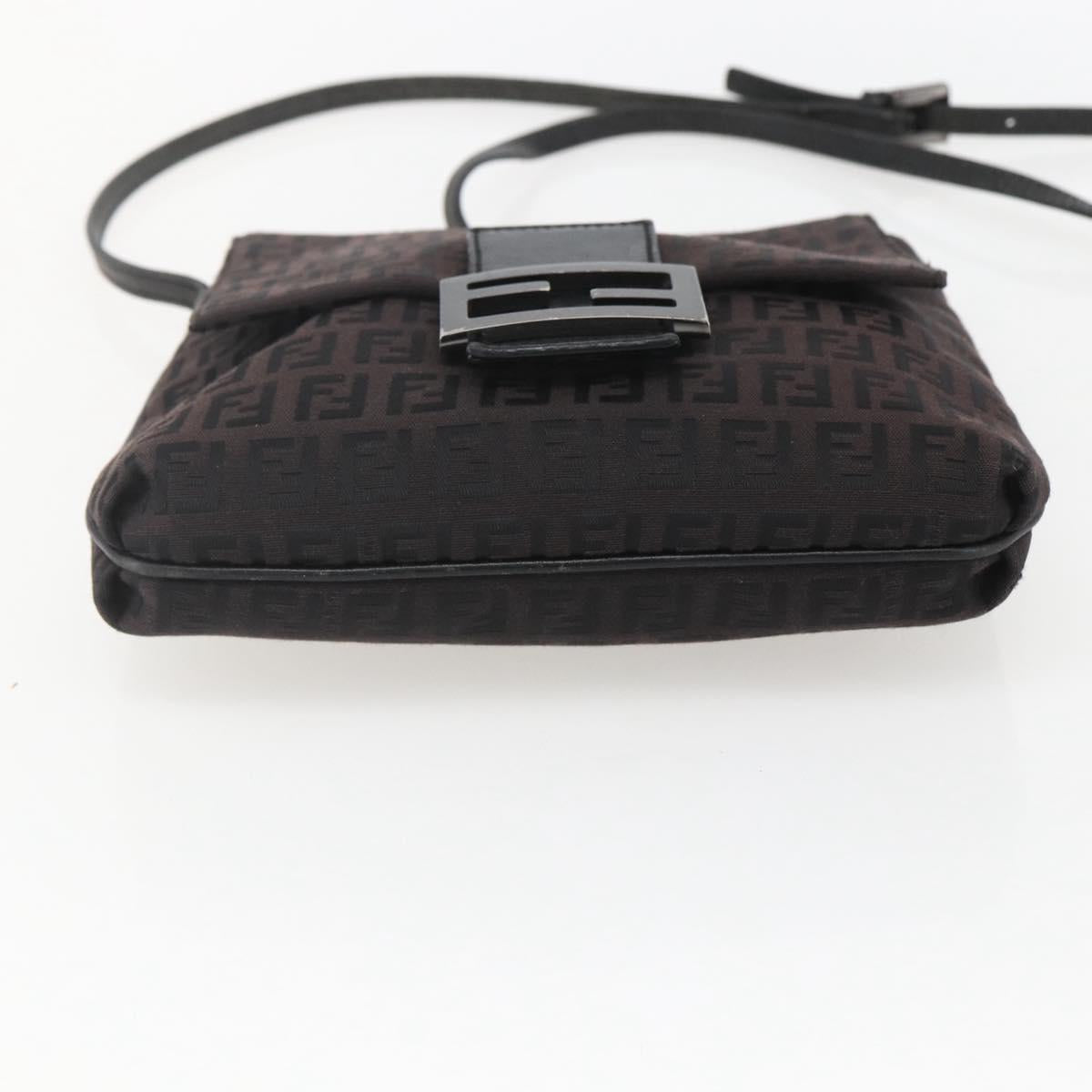 FENDI Zucchino Canvas Shoulder Bag Brown Silver Auth 157800