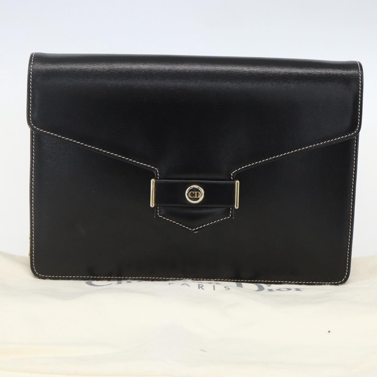 Christian Dior Chain Shoulder Bag Leather Black Gold Auth 157802V