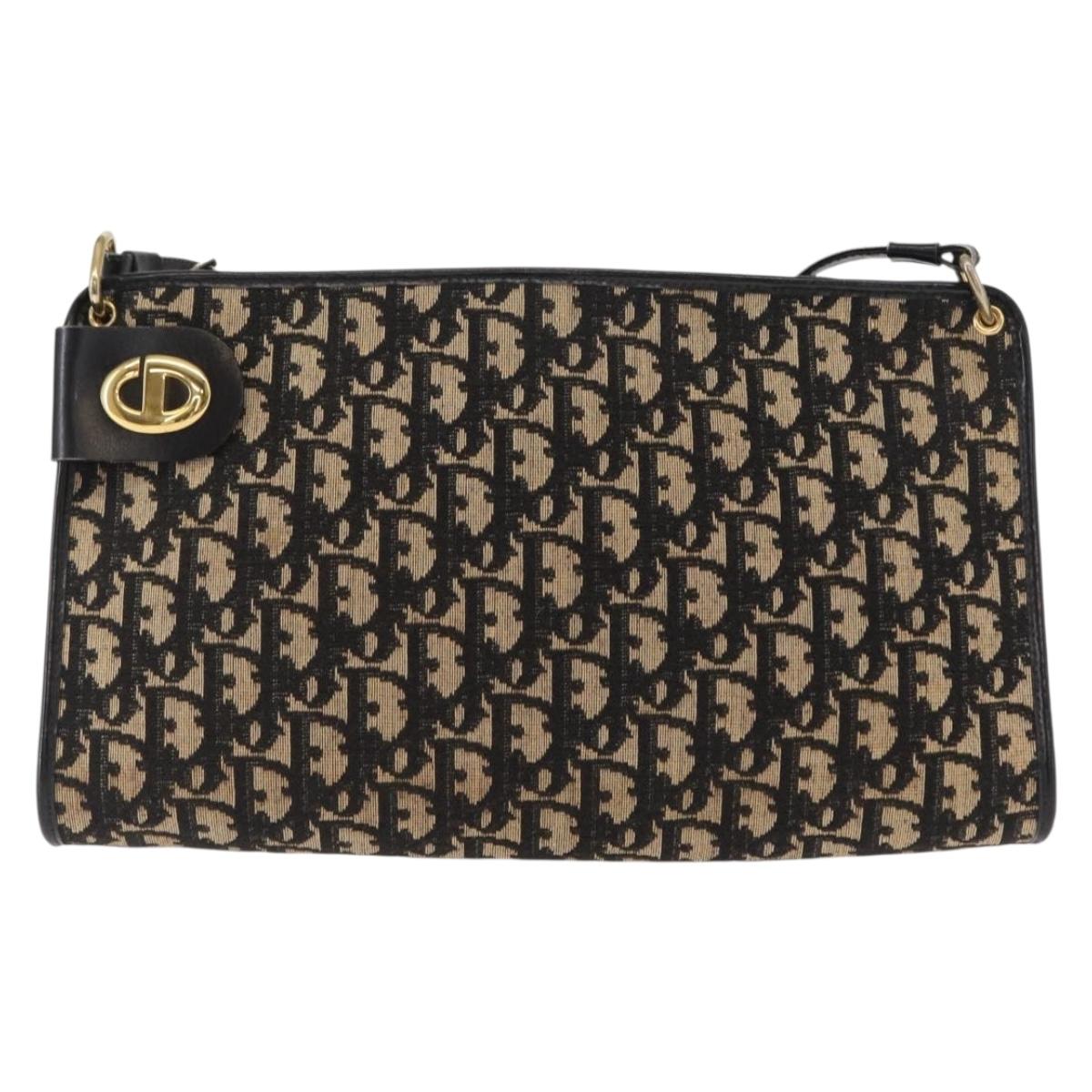 Christian Dior Trotter Canvas Chain Shoulder Bag Black Gold Auth 157804