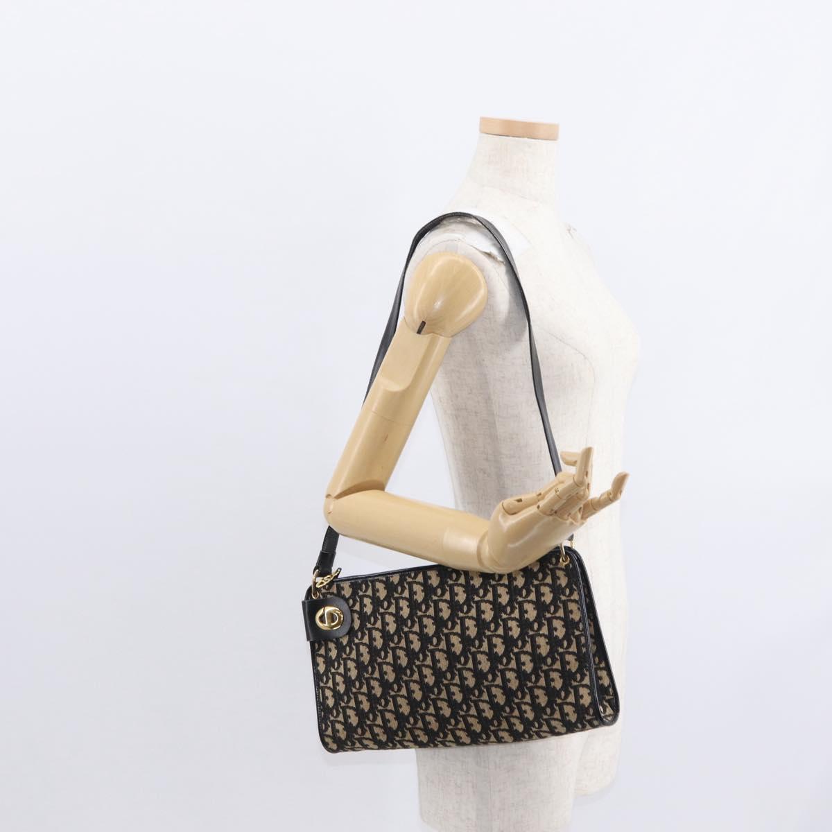Christian Dior Trotter Canvas Chain Shoulder Bag Black Gold Auth 157804