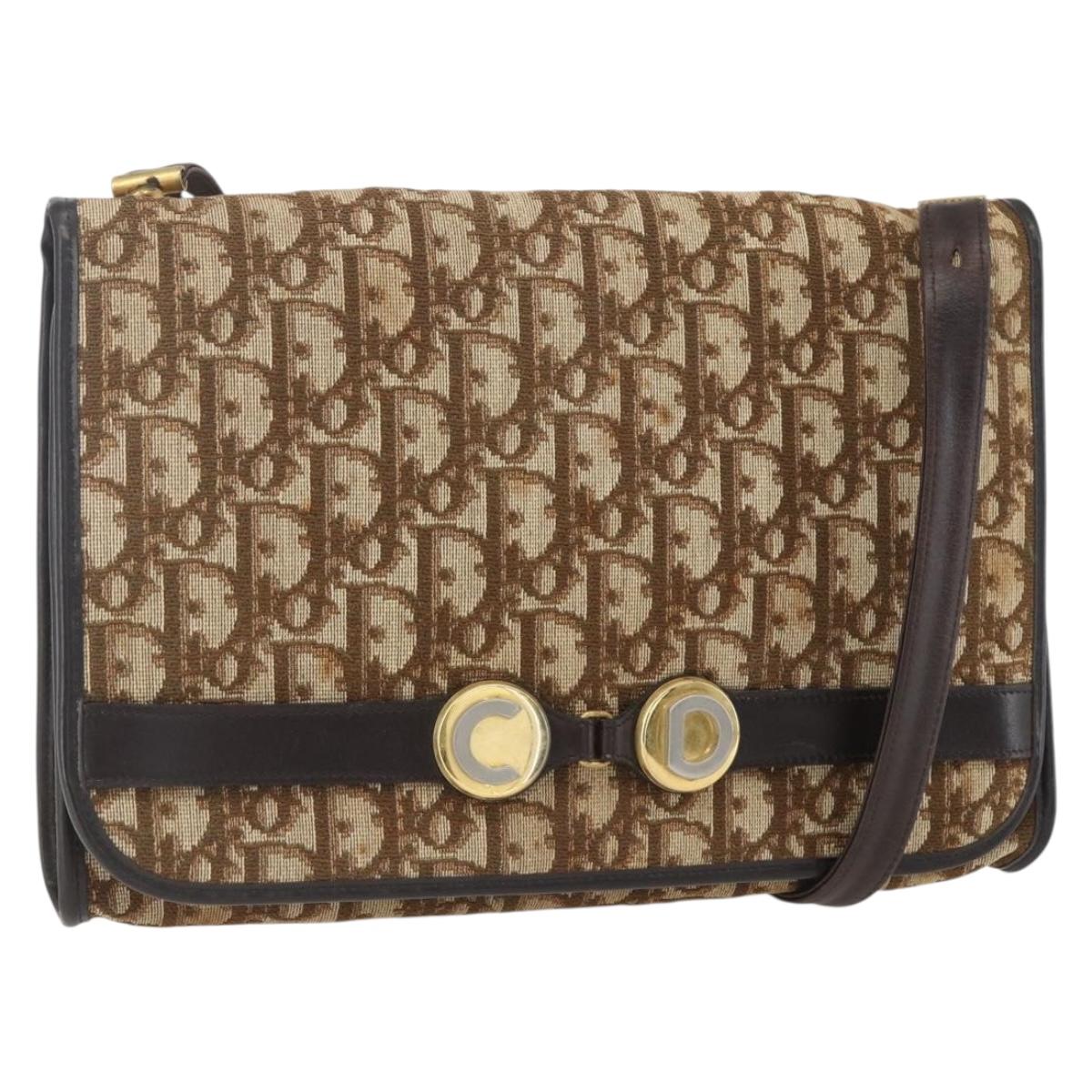 Christian Dior Trotter Canvas Shoulder Bag Beige Gold Auth 157805