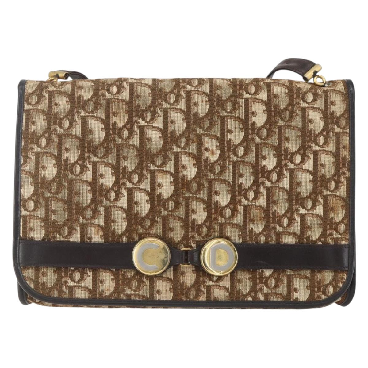 Christian Dior Trotter Canvas Shoulder Bag Beige Gold Auth 157805