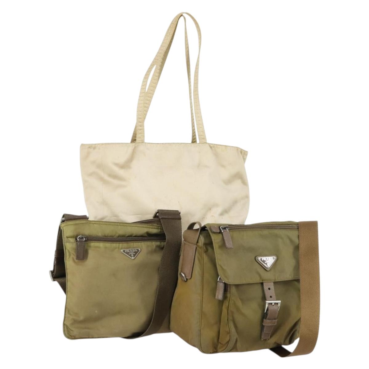 PRADA Hand Bag Nylon 3 Set Green Beige Auth 157831