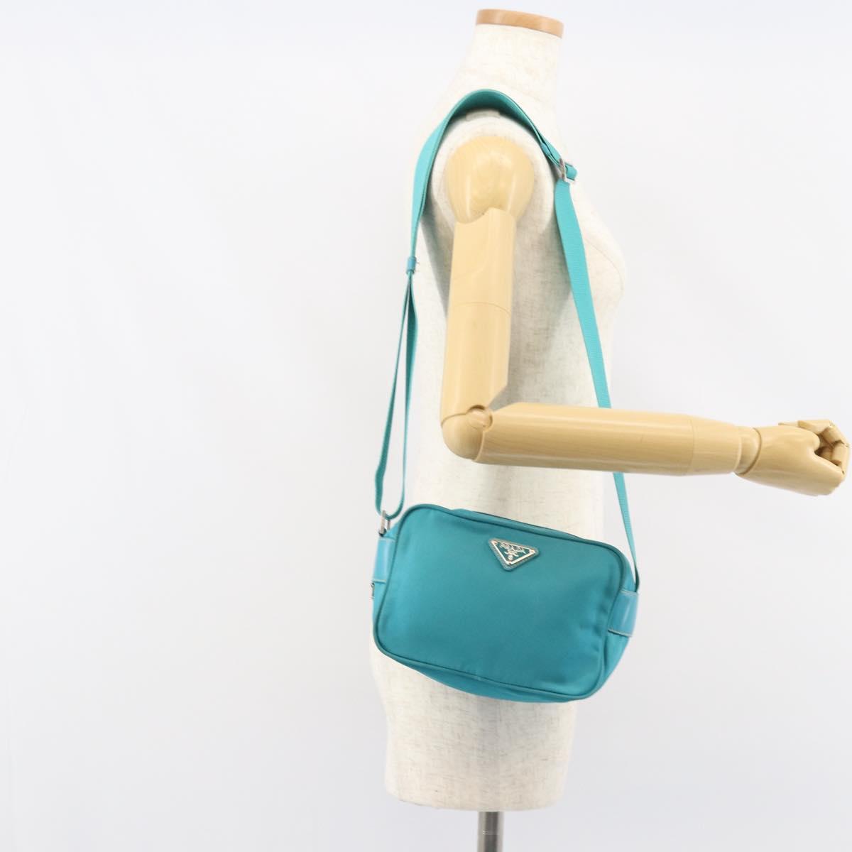 PRADA Shoulder Bag Nylon Turquoise Blue Silver Auth 157870