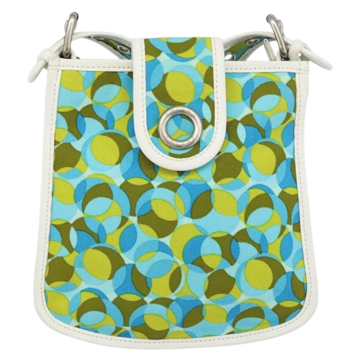 CELINE Circle Shoulder Bag Canvas Leather Blue Light green Auth 157872