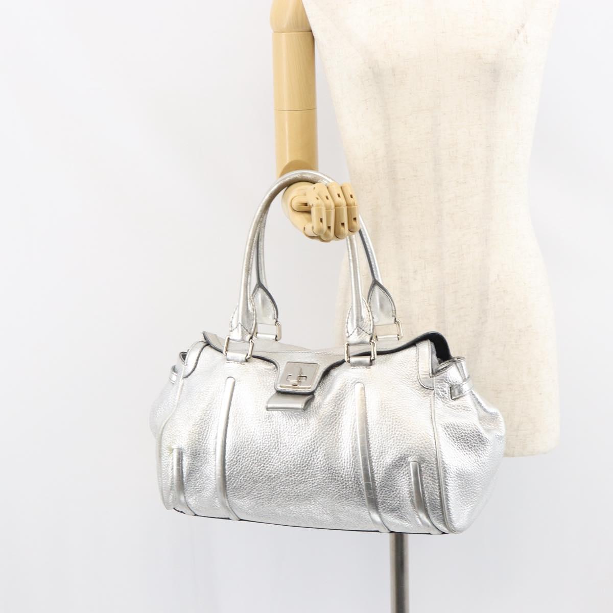 CELINE Hand Bag Leather Silver Auth 157912
