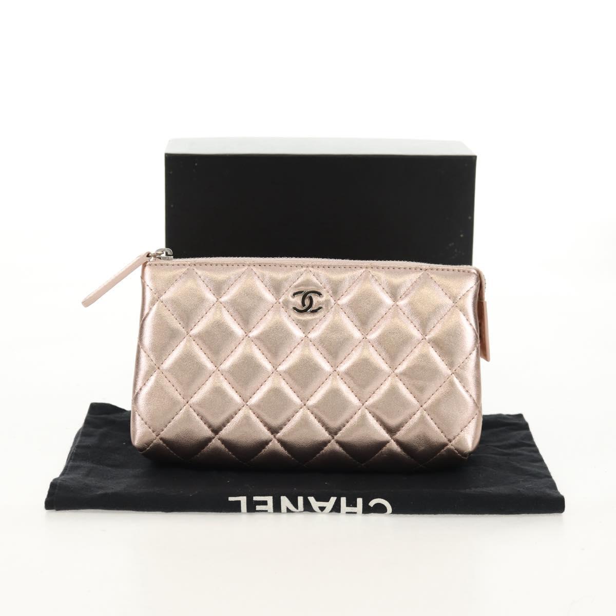 CHANEL Matelasse Pouch Lamb Skin Pink Gold CC Auth 157936M