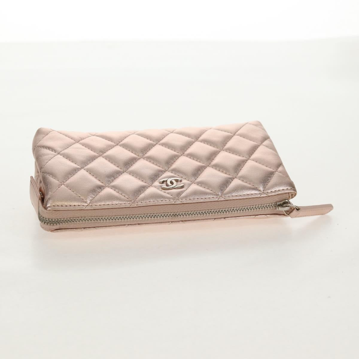 CHANEL Matelasse Pouch Lamb Skin Pink Gold CC Auth 157936M