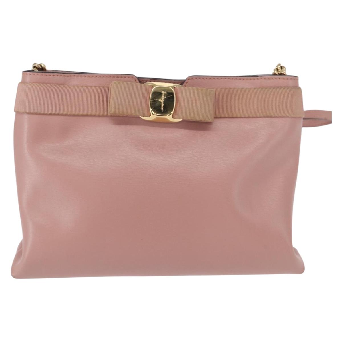 Salvatore Ferragamo Chain Vala Shoulder Bag Leather 2way Pink Gold Auth 158017