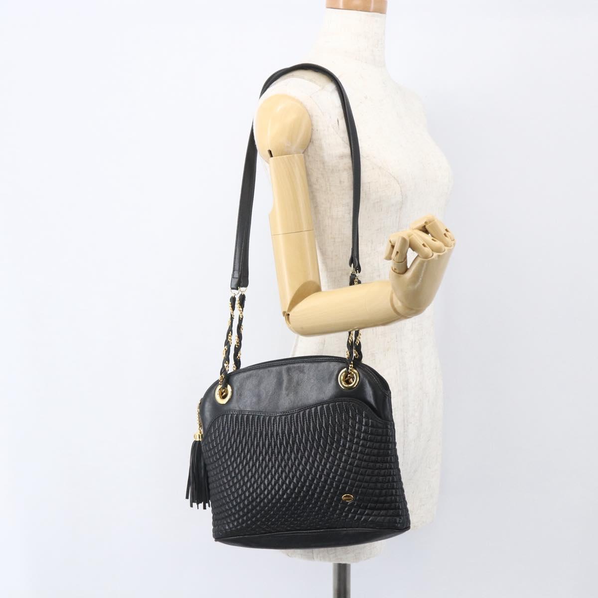 BALLY Chain Shoulder Bag Leather Black Gold Auth 158019