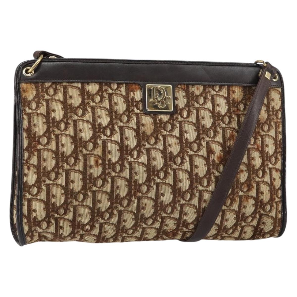 Christian Dior Trotter Canvas Shoulder Bag Beige Gold Auth 158032