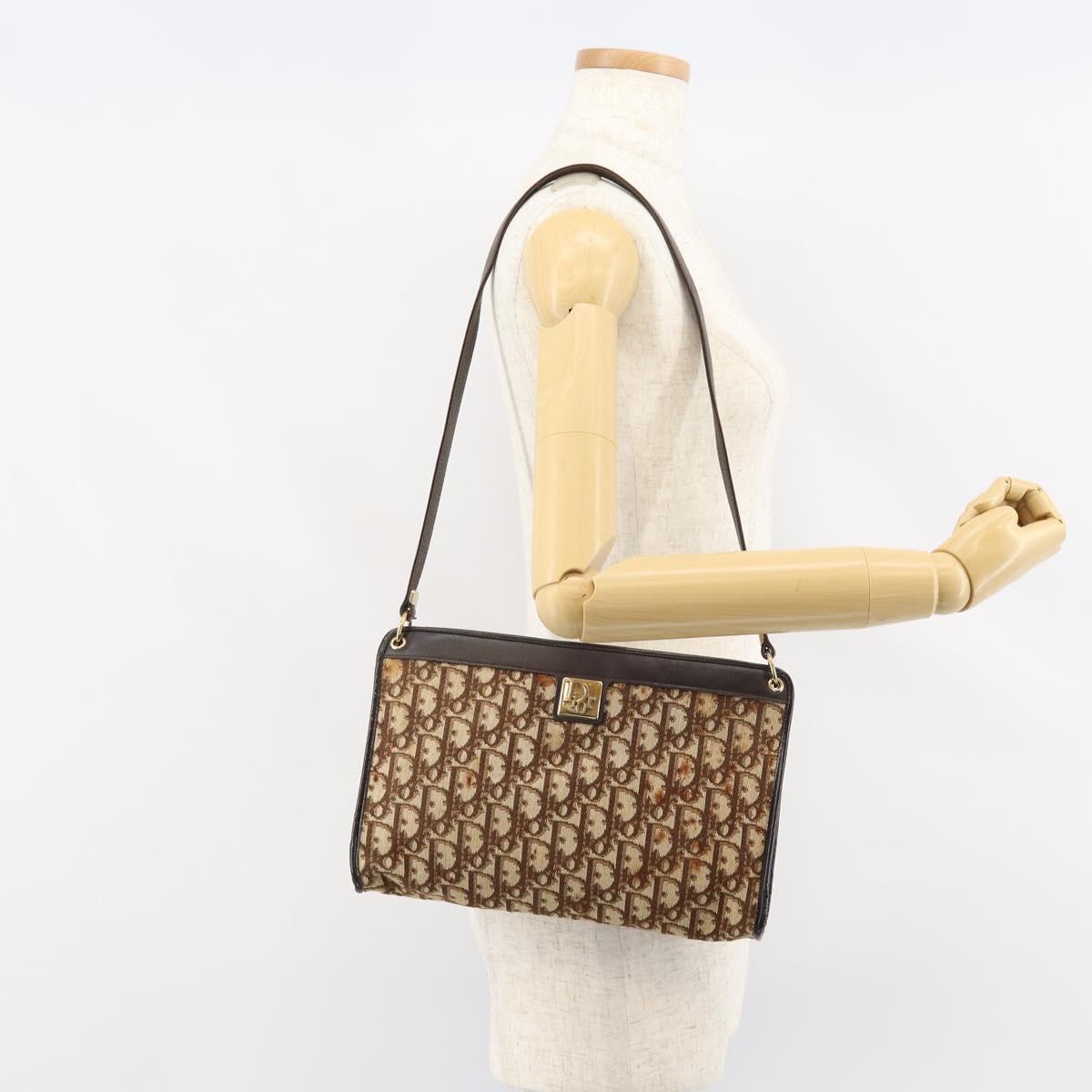 Christian Dior Trotter Canvas Shoulder Bag Beige Gold Auth 158032