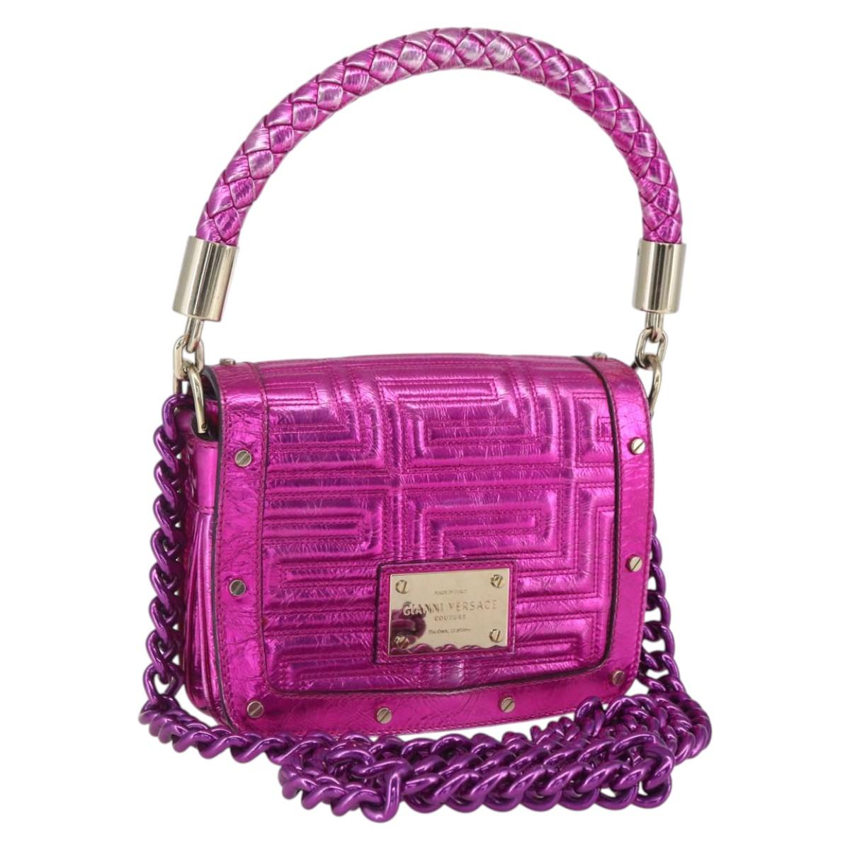 Gianni Versace Chain Shoulder Bag Leather Pink Gold Auth 158051