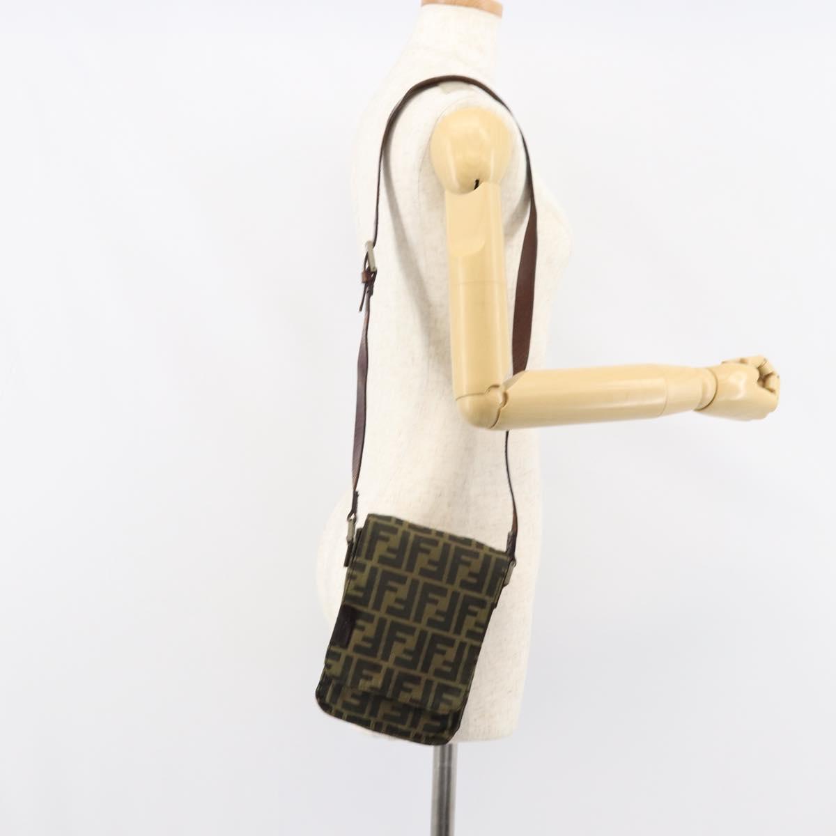 FENDI Zucca Canvas Shoulder Bag Black Brown Auth 158056