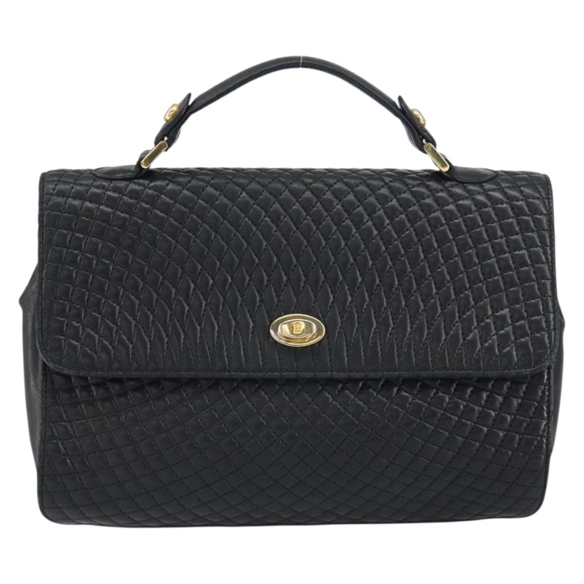 BALLY Hand Bag Leather Black Gold Auth 158057