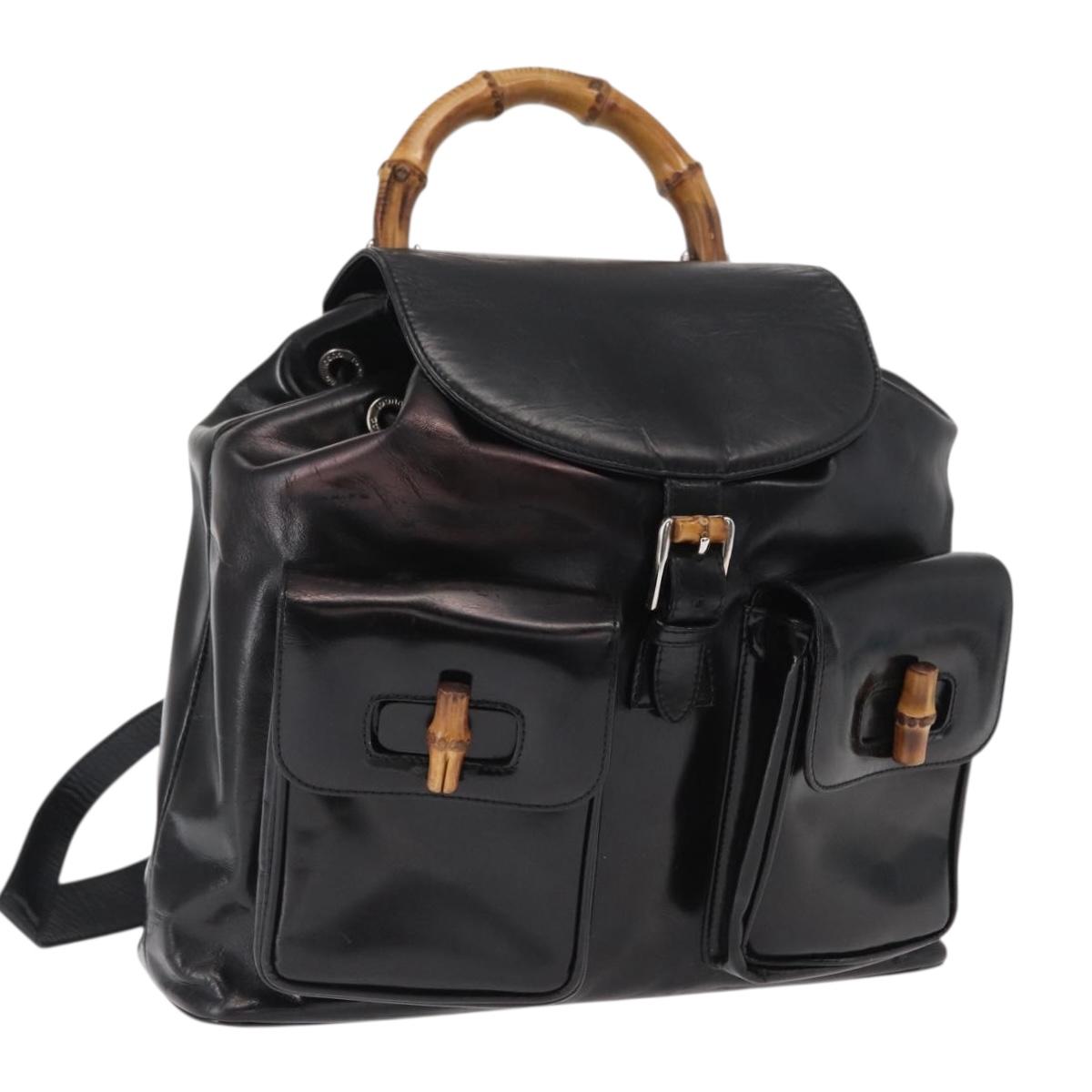 GUCCI Bamboo Backpack Enamel Black Silver 003 2058 0016 Auth 158076