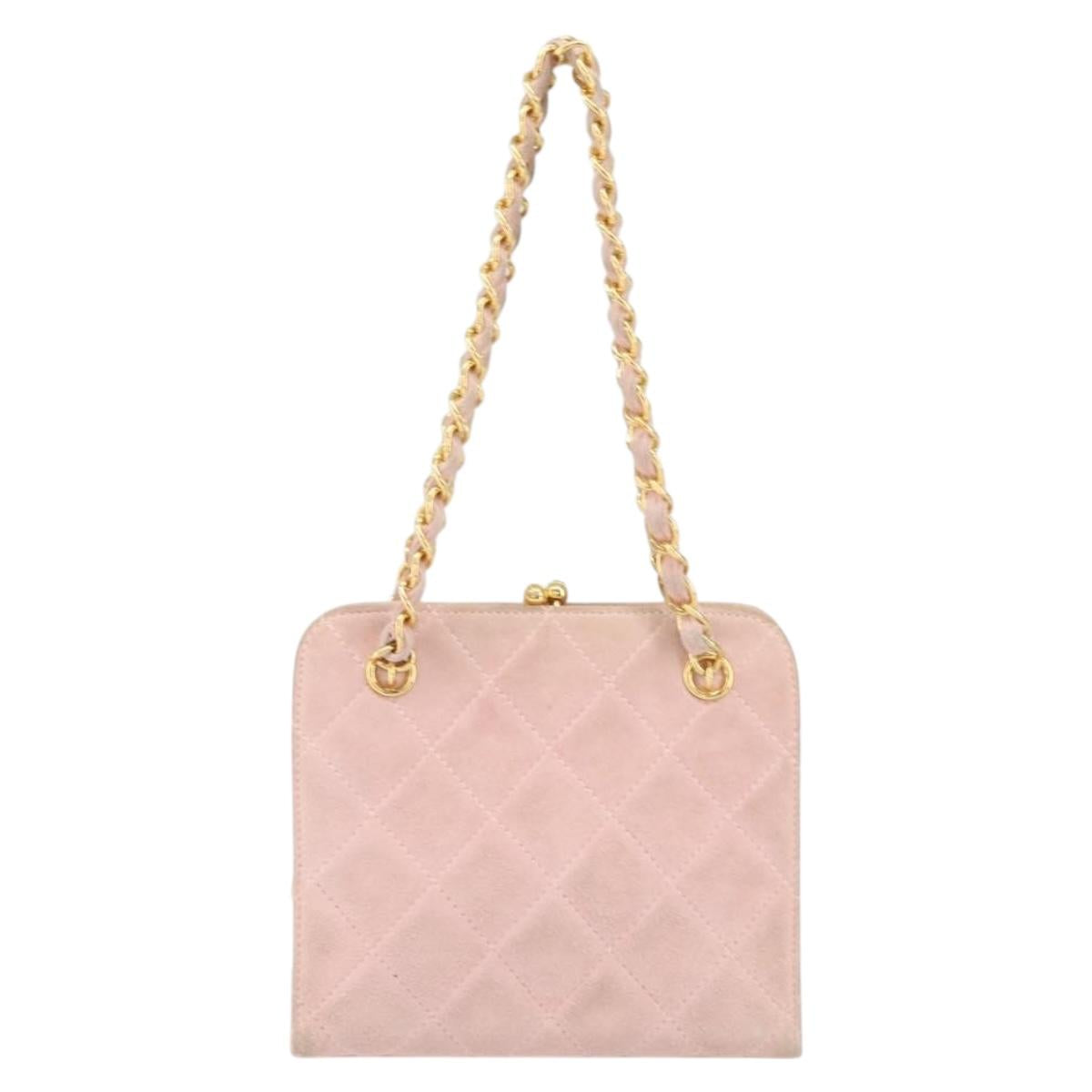 CHANEL Matelasse Chain Hand Bag Suede Pink Gold CC Auth 158088