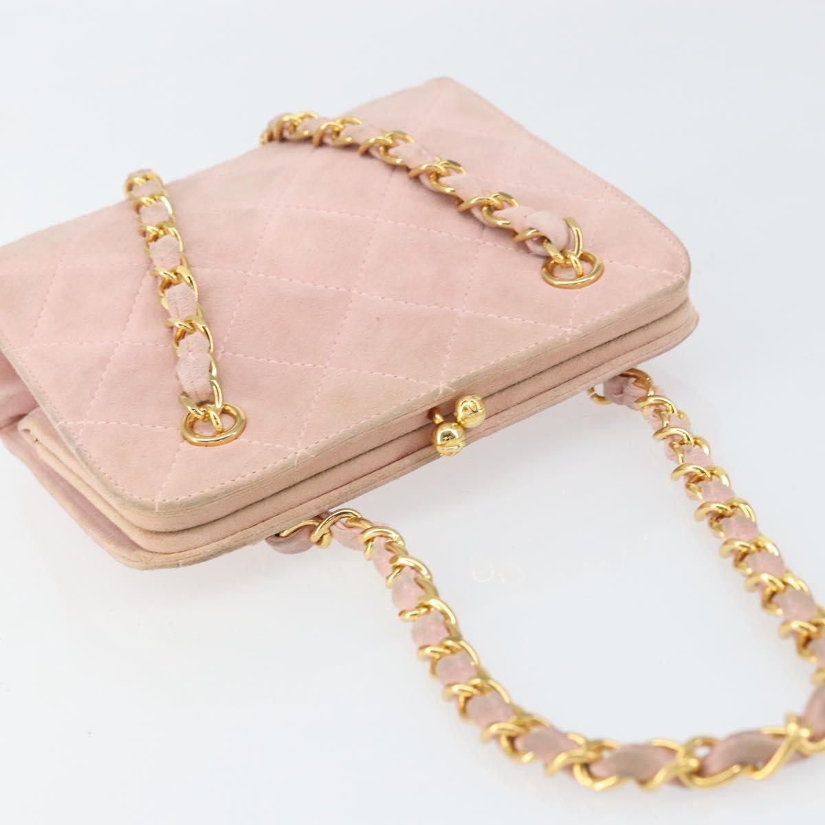 CHANEL Matelasse Chain Hand Bag Suede Pink Gold CC Auth 158088