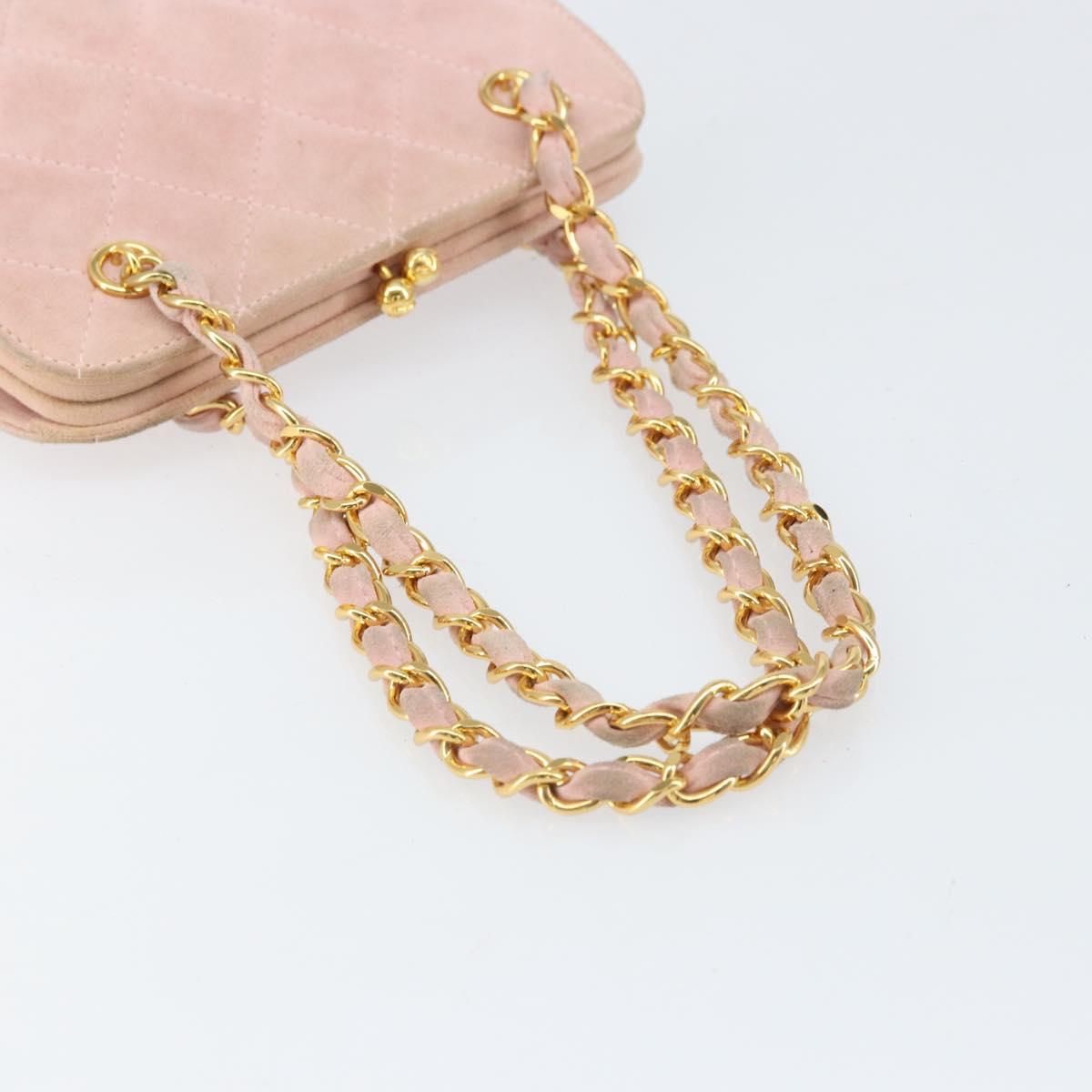 CHANEL Matelasse Chain Hand Bag Suede Pink Gold CC Auth 158088