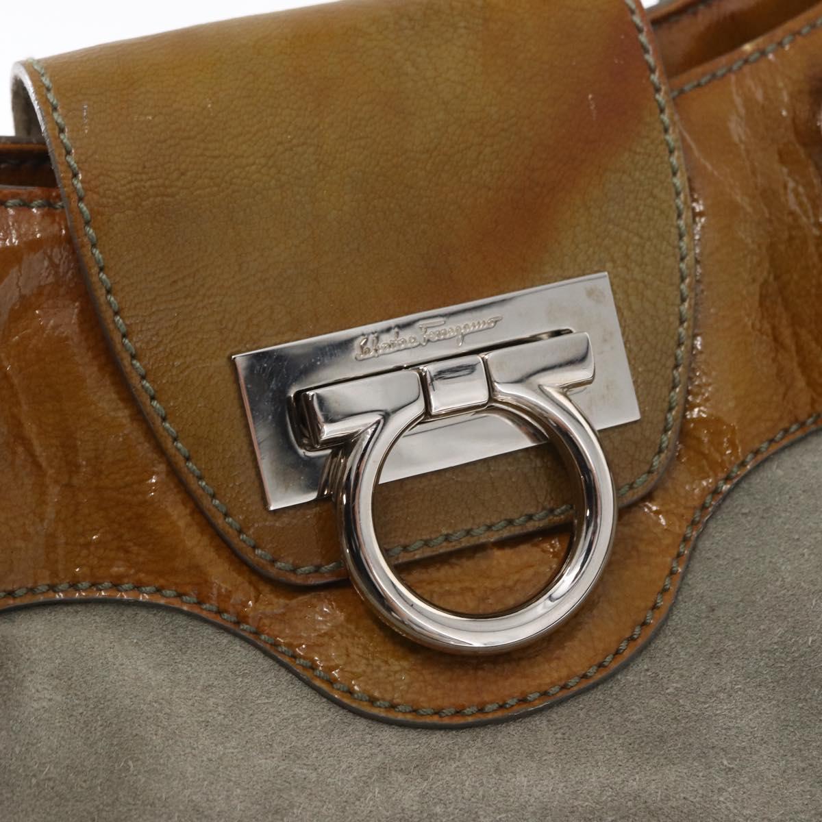 Salvatore Ferragamo Gancini Hand Bag Suede Green Silver Auth 158089