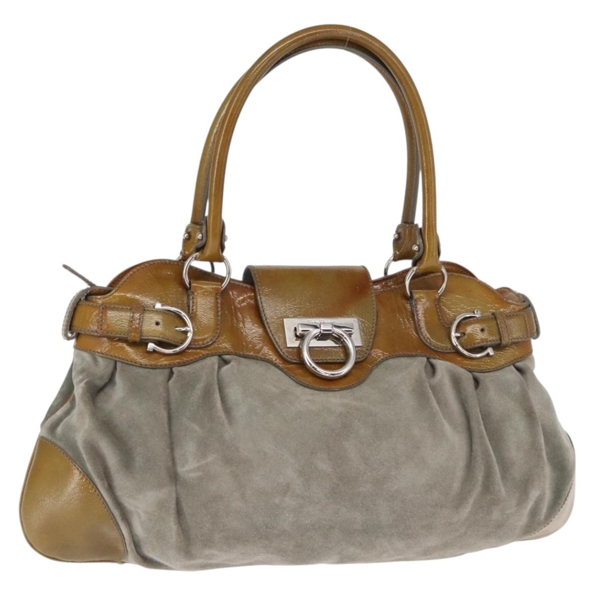 Salvatore Ferragamo Gancini Hand Bag Suede Green Silver Auth 158089
