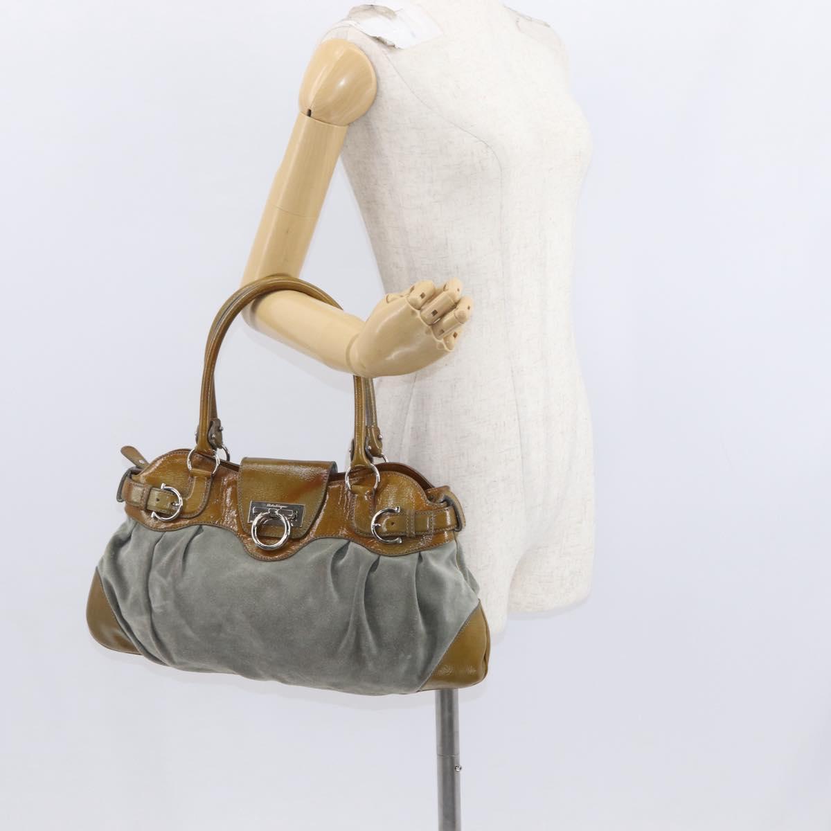 Salvatore Ferragamo Gancini Hand Bag Suede Green Silver Auth 158089