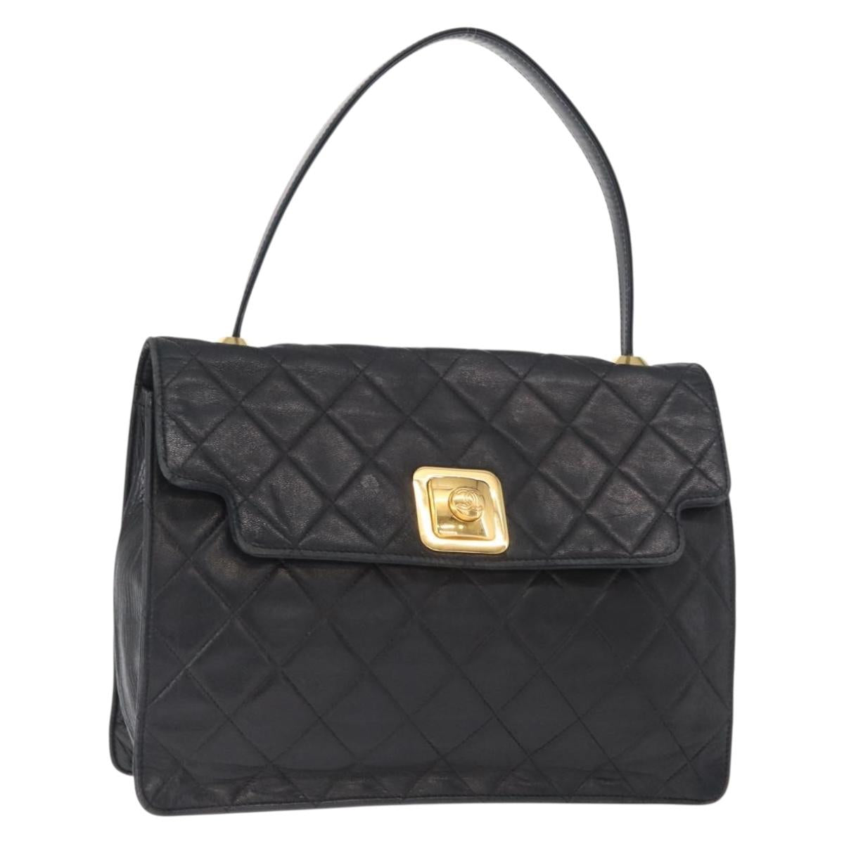 CHANEL Matelasse Hand Bag Lamb Skin Black Gold CC Auth 158090