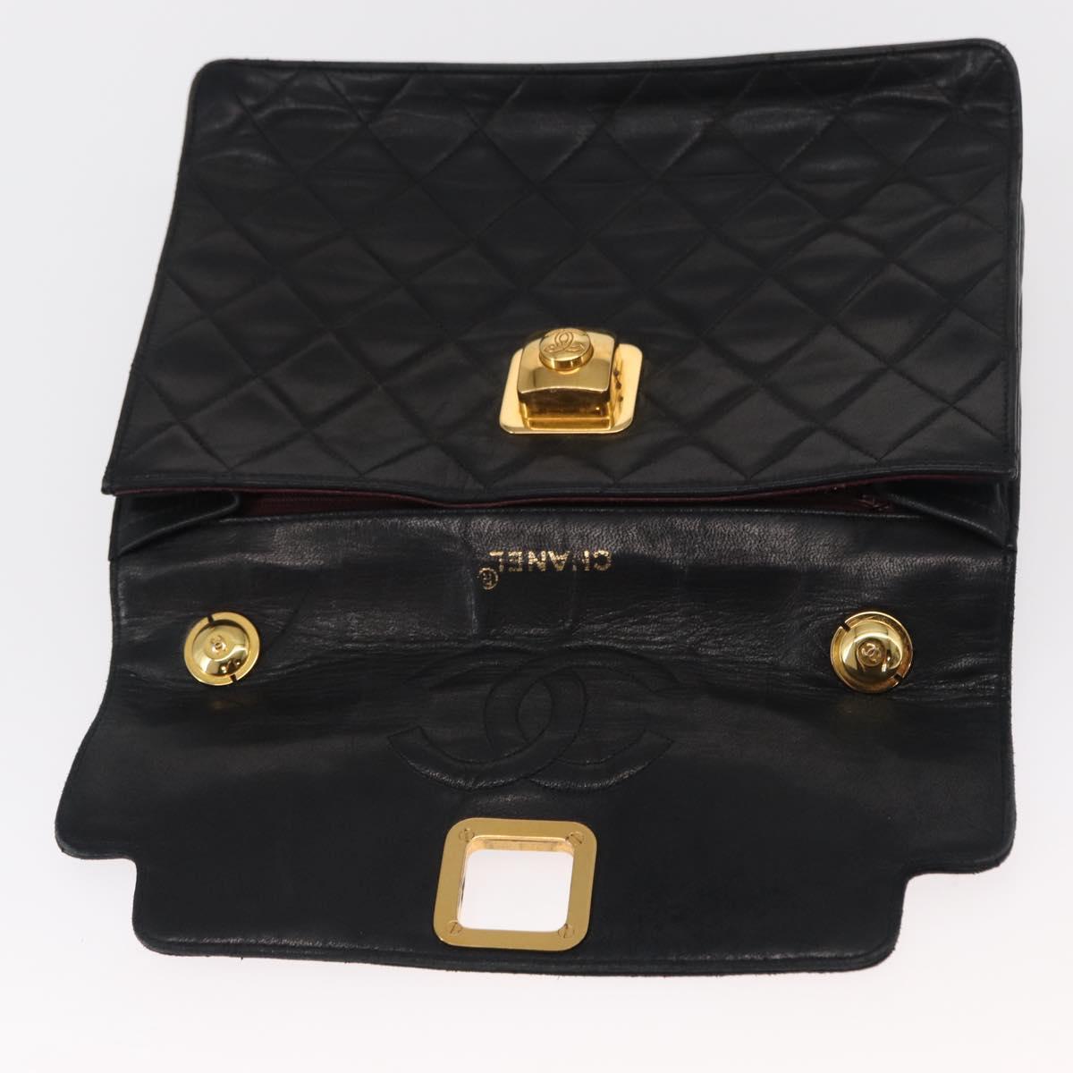 CHANEL Matelasse Hand Bag Lamb Skin Black Gold CC Auth 158090