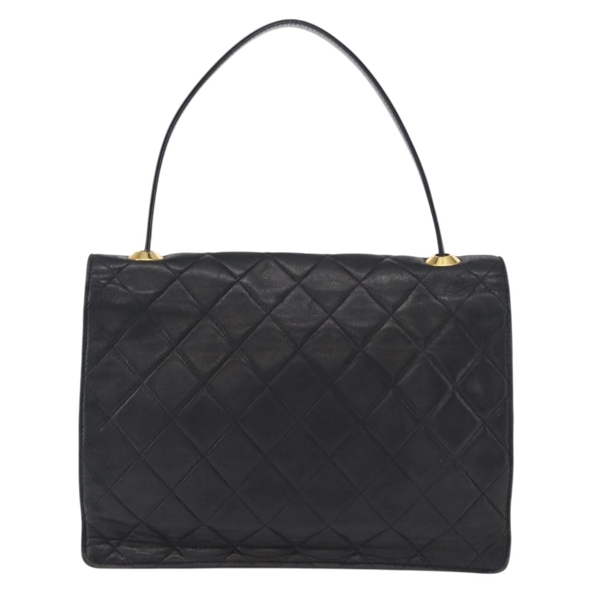 CHANEL Matelasse Hand Bag Lamb Skin Black Gold CC Auth 158090