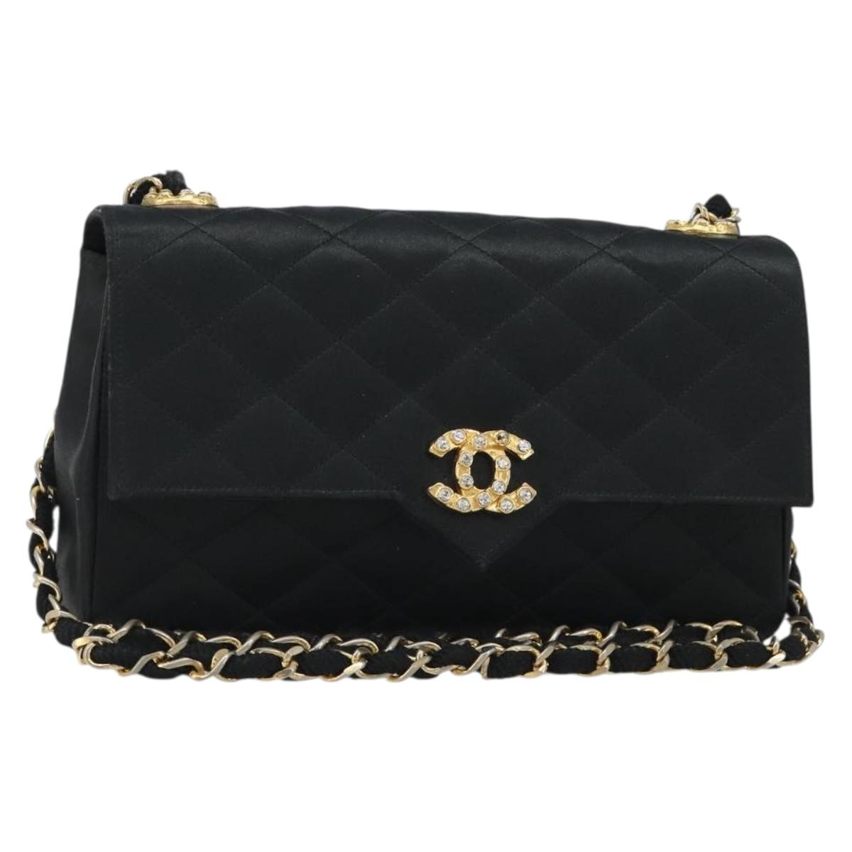 CHANEL Matelasse Chain Shoulder Bag Satin Black Gold CC Auth 158093V