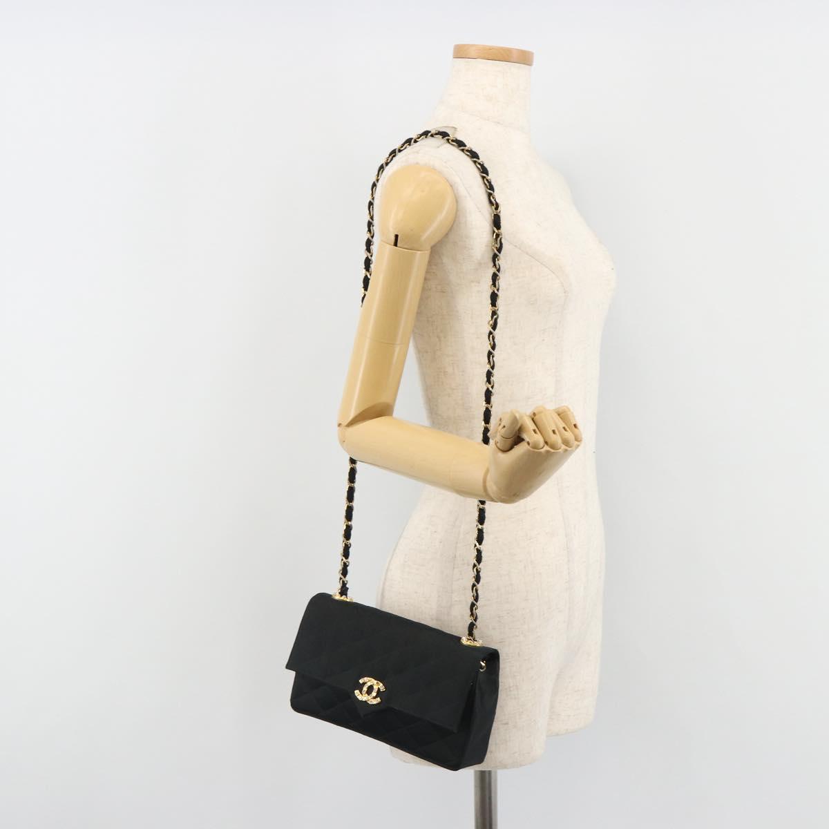 CHANEL Matelasse Chain Shoulder Bag Satin Black Gold CC Auth 158093V