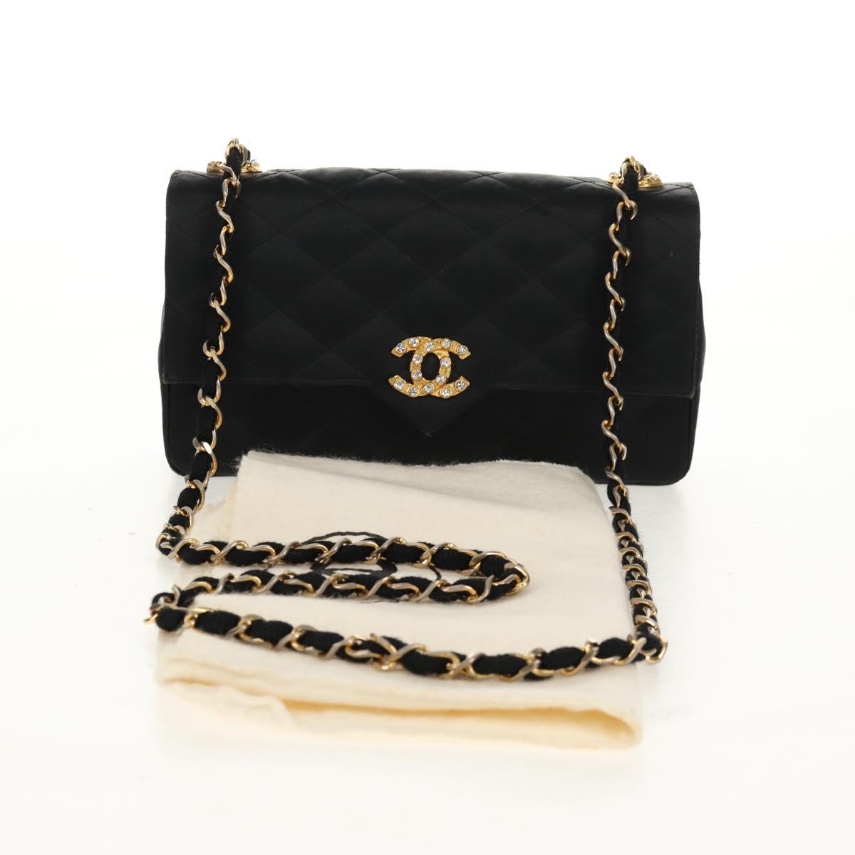 CHANEL Matelasse Chain Shoulder Bag Satin Black Gold CC Auth 158093V