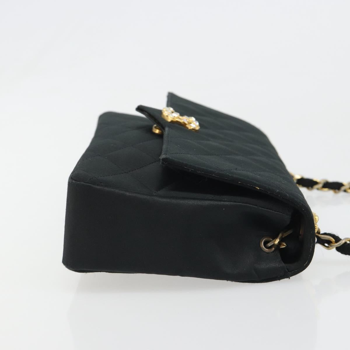 CHANEL Matelasse Chain Shoulder Bag Satin Black Gold CC Auth 158093V