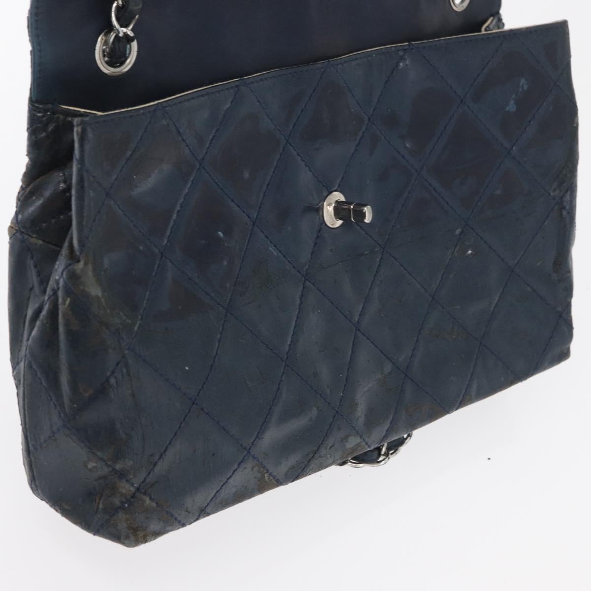 CHANEL Matelasse Chain Shoulder Bag Patent leather Navy Silver CC Auth 158096