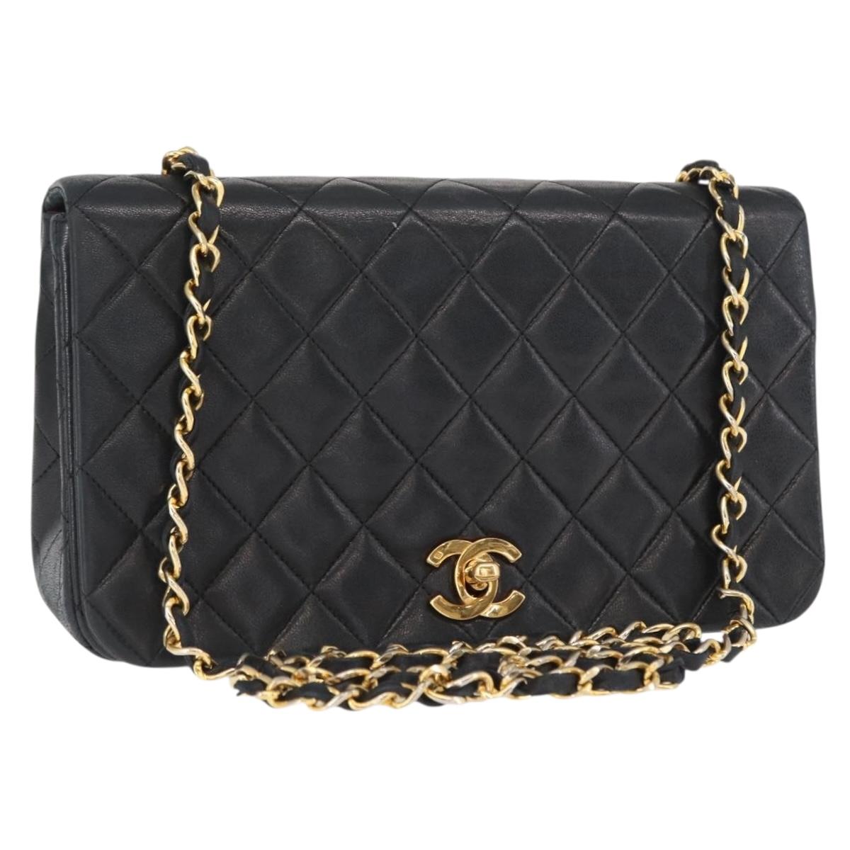 CHANEL Matelasse Chain Shoulder Bag Lamb Skin Black Gold CC Auth 158097SAV