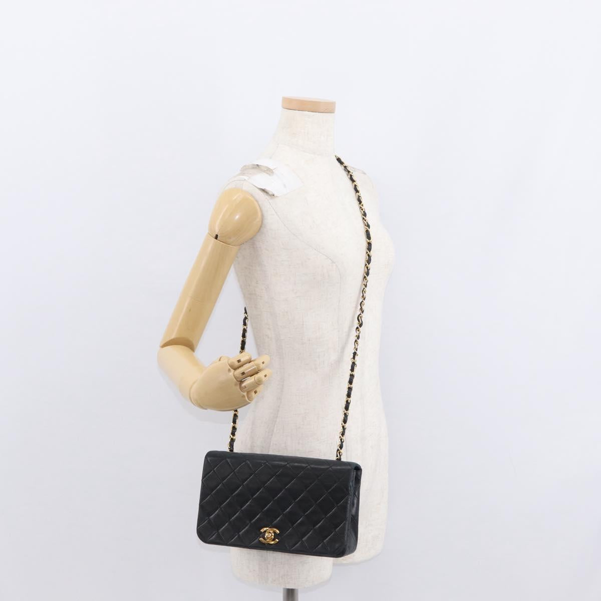 CHANEL Matelasse Chain Shoulder Bag Lamb Skin Black Gold CC Auth 158097SAV