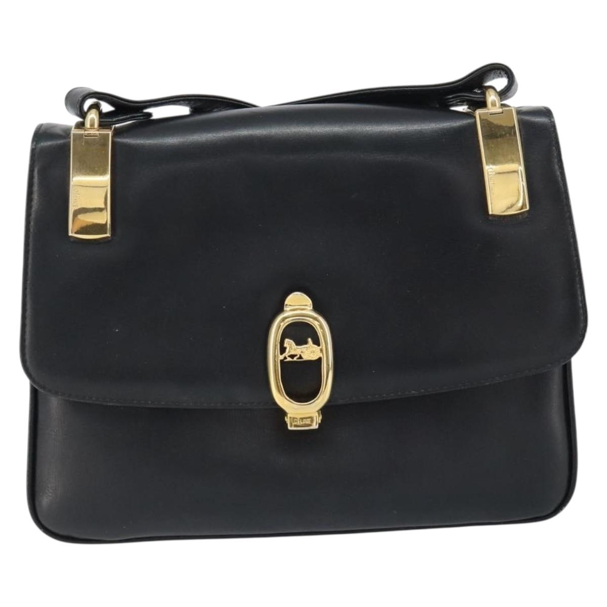 CELINE Horse Carriage Shoulder Bag Leather Black Gold Auth 158123