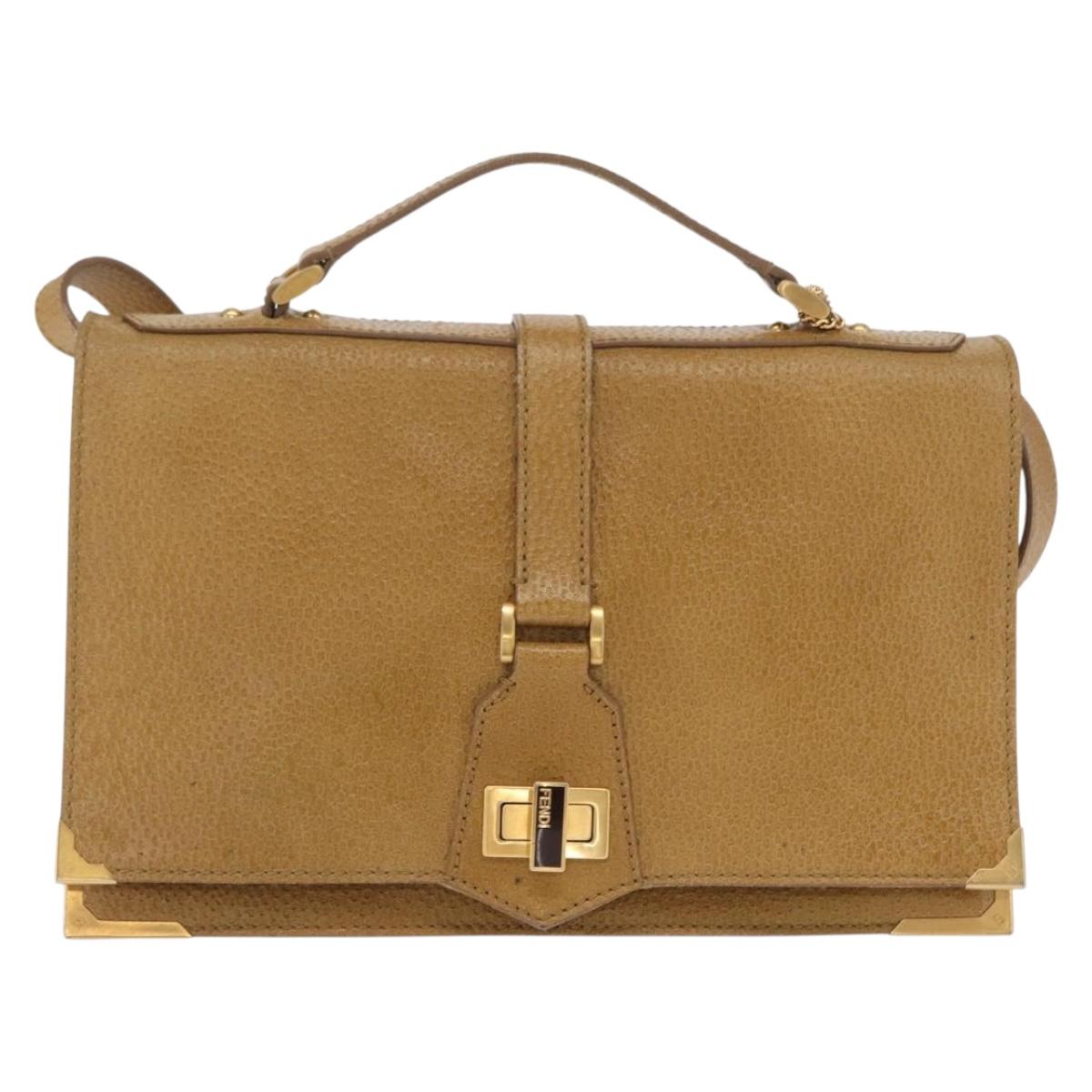 FENDI Hand Bag Leather 2way Brown Gold Auth 158141