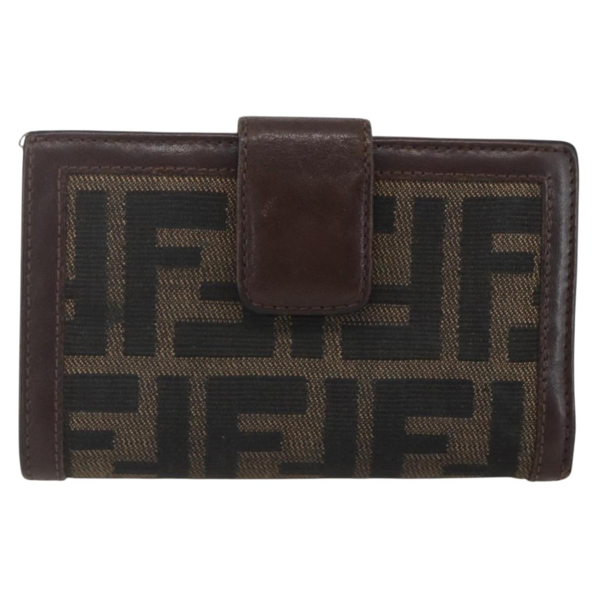FENDI Zucca Canvas Compact Wallet Black Brown Silver Auth 158172