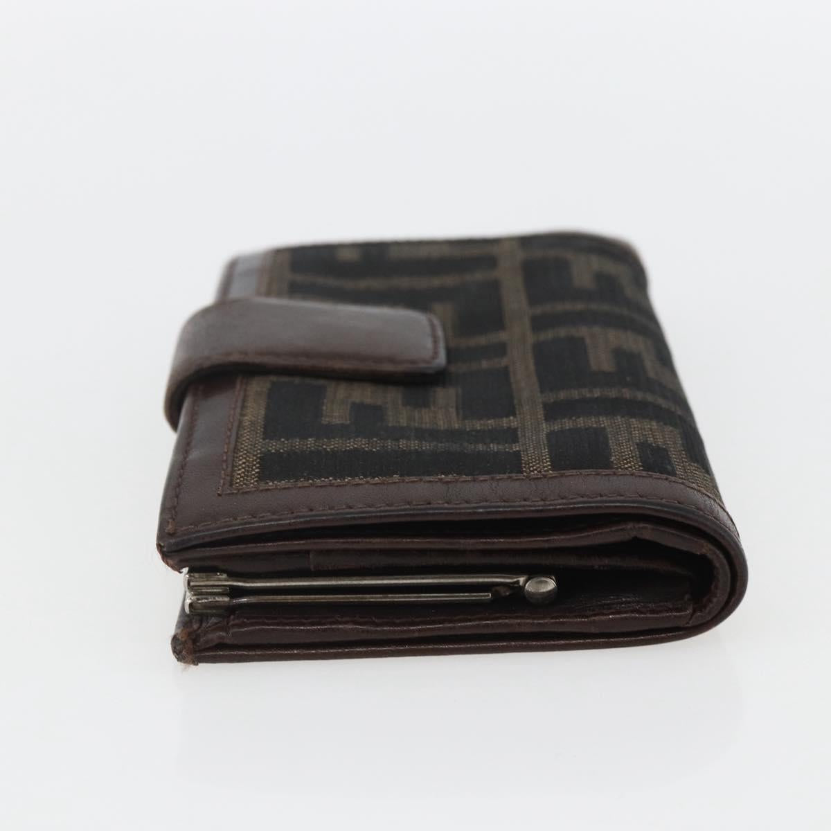 FENDI Zucca Canvas Compact Wallet Black Brown Silver Auth 158172